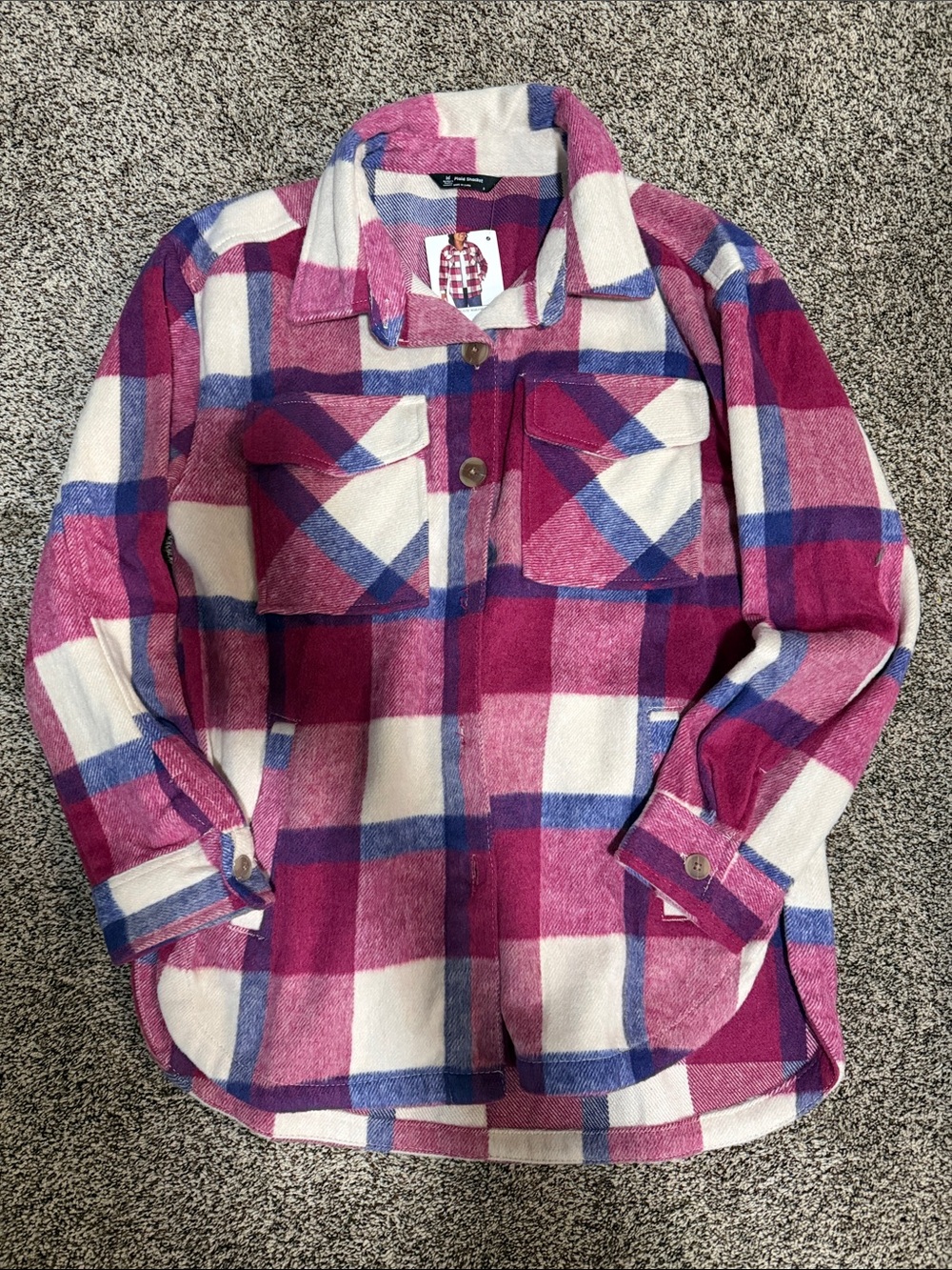 Women's Pink Plaid Button-Down Shacket with Chest Pockets